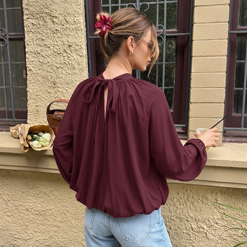 Women's High Neck Tie-Back Lantern Sleeve Blouse