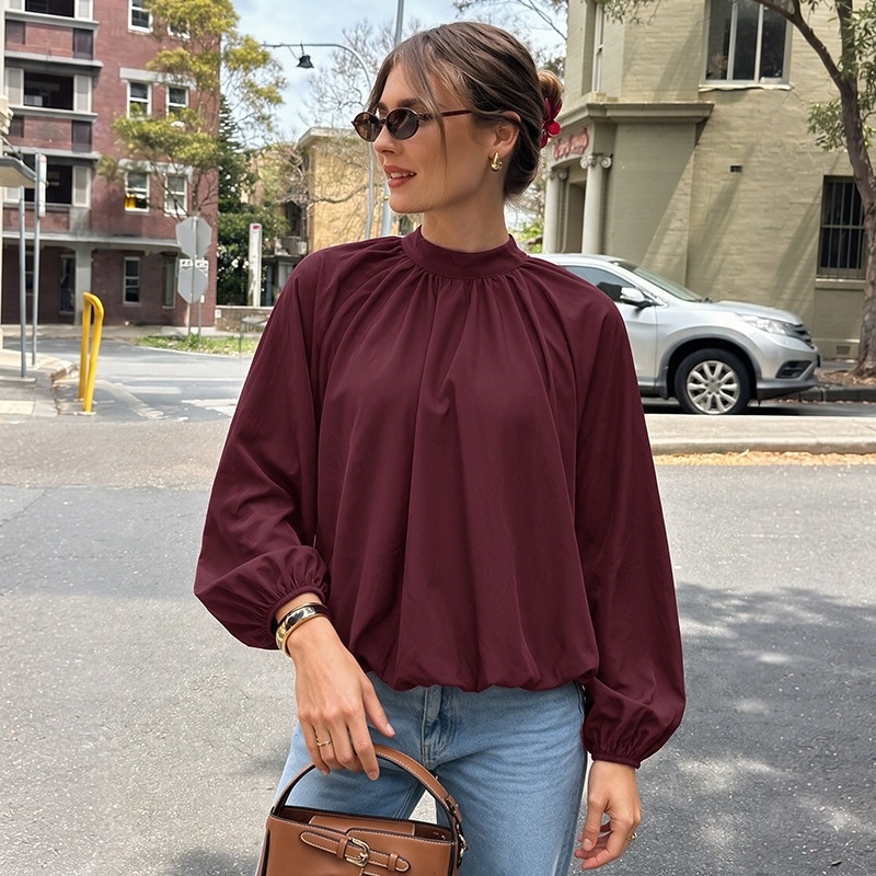Women's High Neck Tie-Back Lantern Sleeve Blouse