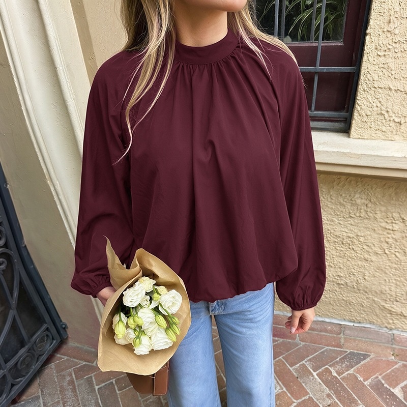 Women's High Neck Tie-Back Lantern Sleeve Blouse