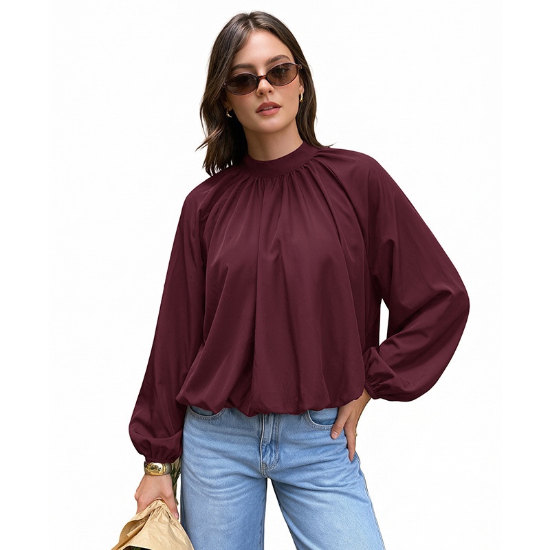 Women's High Neck Tie-Back Lantern Sleeve Blouse