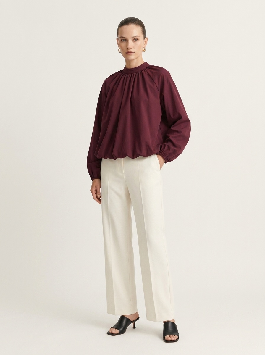 Women's High Neck Tie-Back Lantern Sleeve Blouse