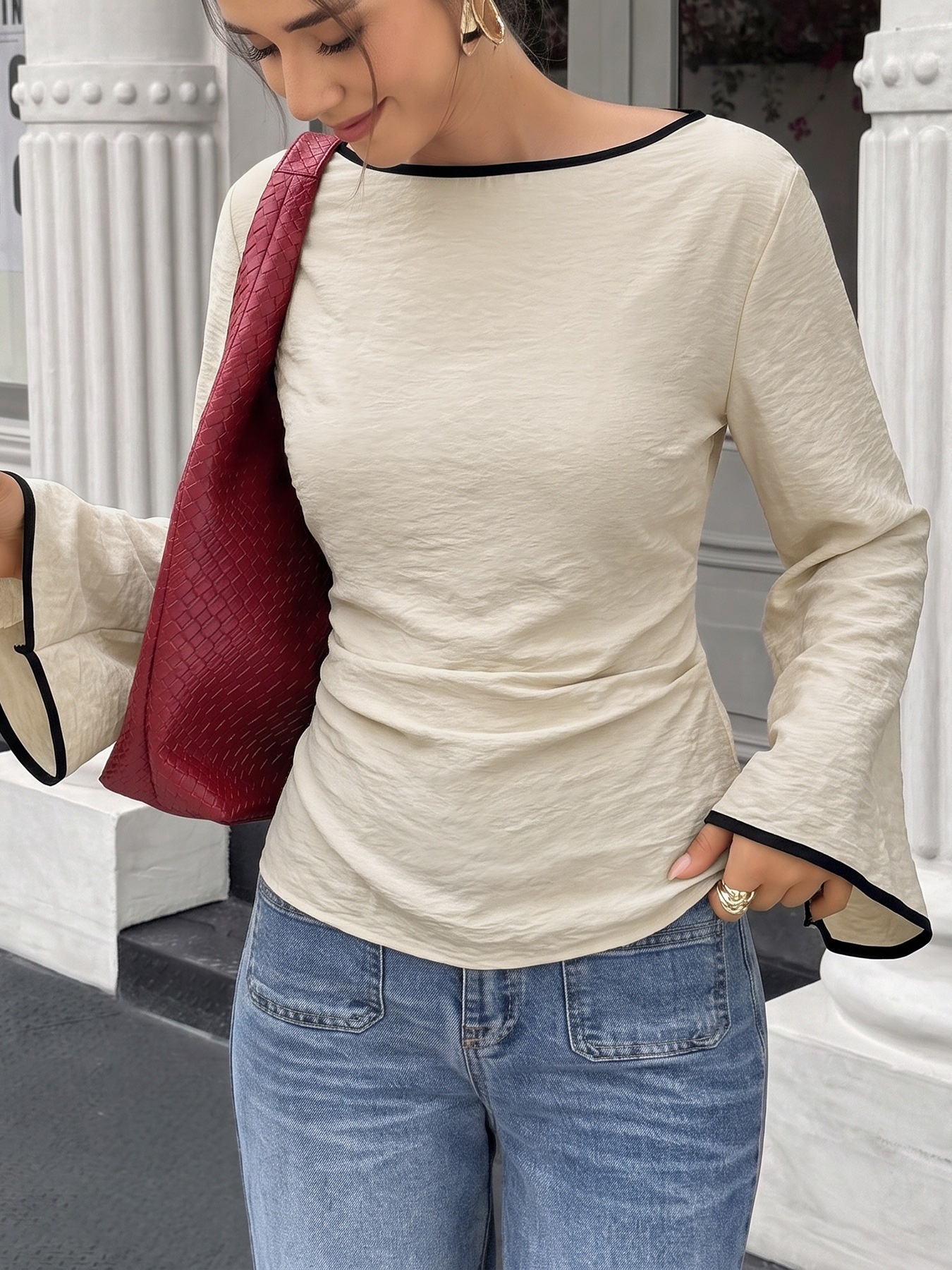 Women's Boat Neck Flared Long Sleeve Lace-Up Back Top