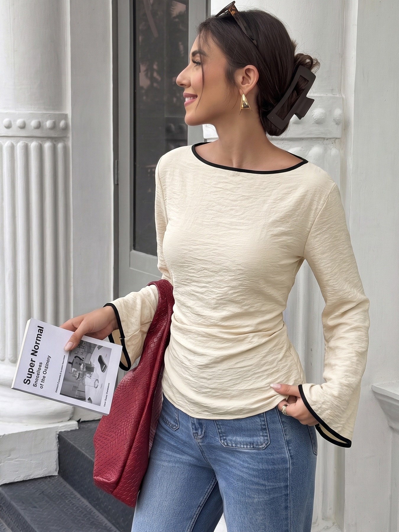 Women's Boat Neck Flared Long Sleeve Lace-Up Back Top
