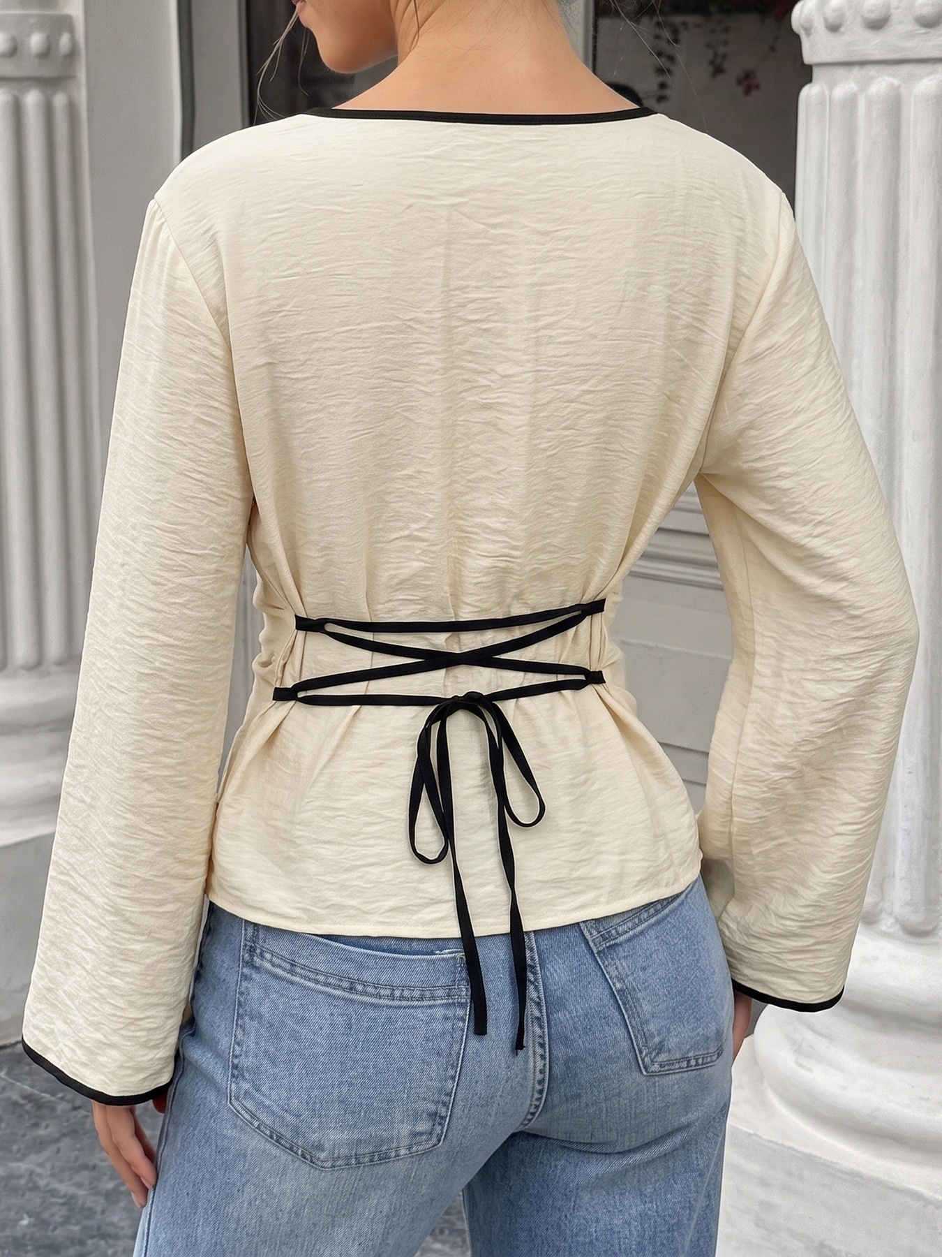 Women's Boat Neck Flared Long Sleeve Lace-Up Back Top