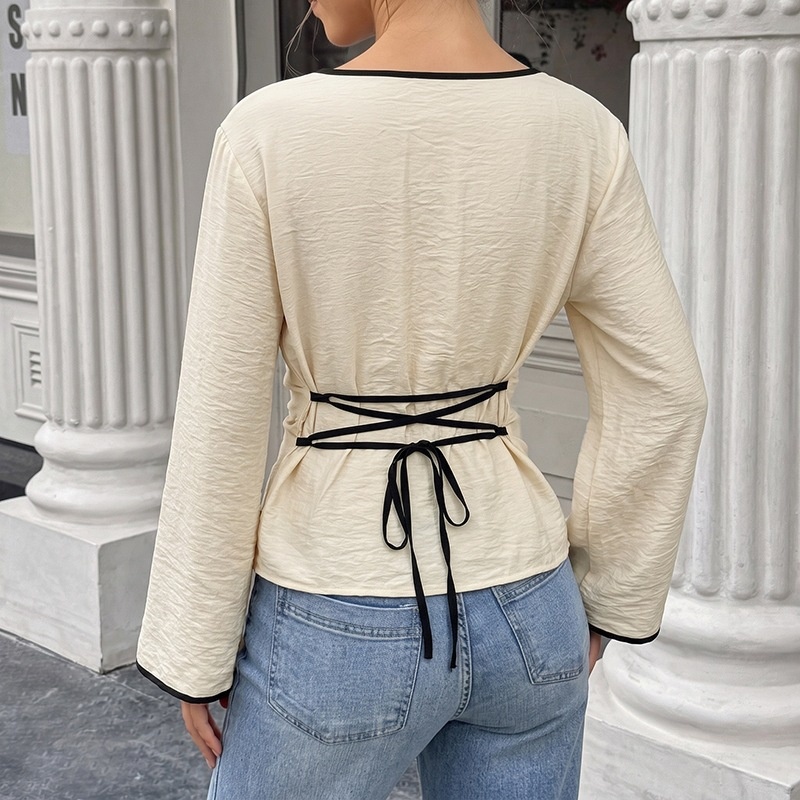Women's Boat Neck Flared Long Sleeve Lace-Up Back Top