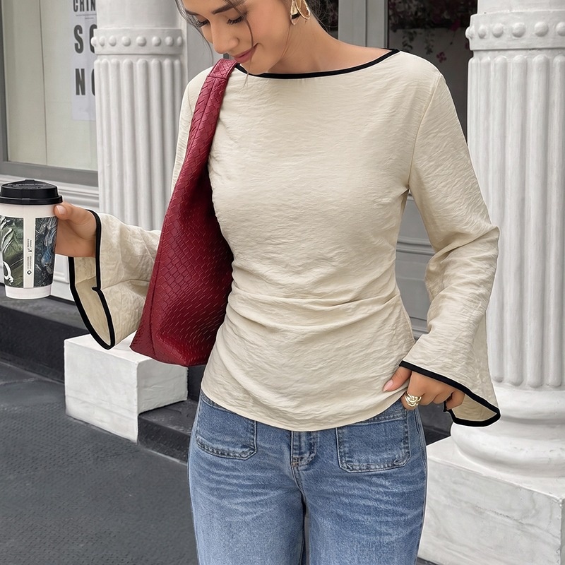 Women's Boat Neck Flared Long Sleeve Lace-Up Back Top