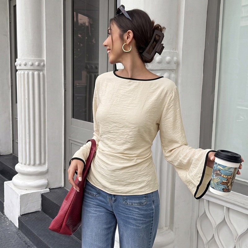 Women's Boat Neck Flared Long Sleeve Lace-Up Back Top