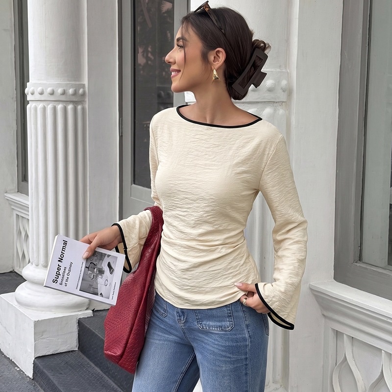 Women's Boat Neck Flared Long Sleeve Lace-Up Back Top