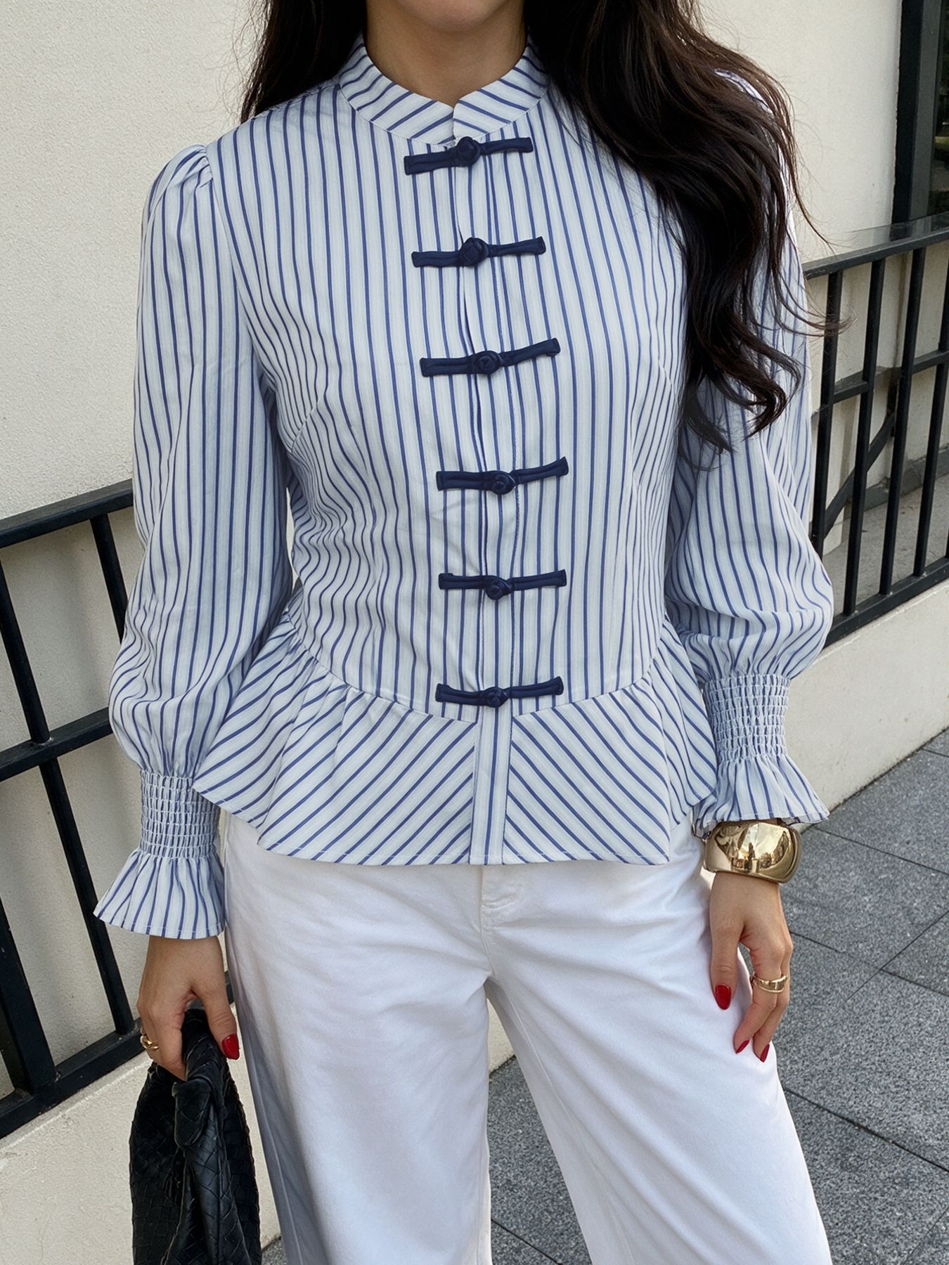 Women's Striped Chinese Frog Button Peplum Blouse