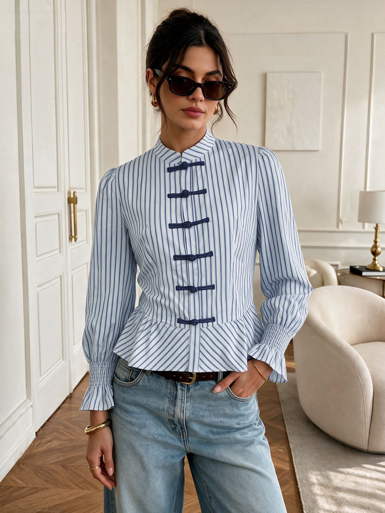 Women's Striped Chinese Frog Button Peplum Blouse