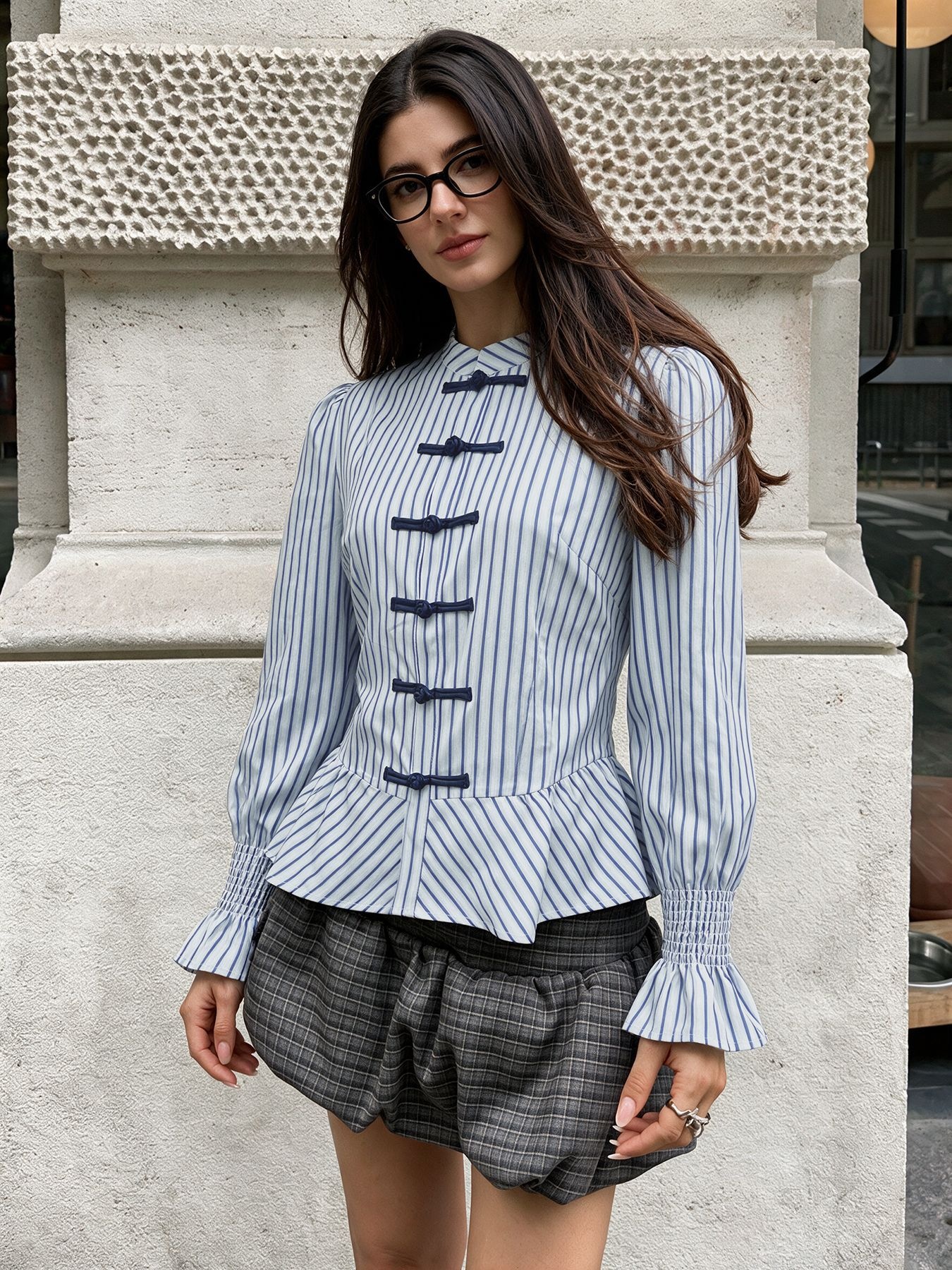 Women's Striped Chinese Frog Button Peplum Blouse