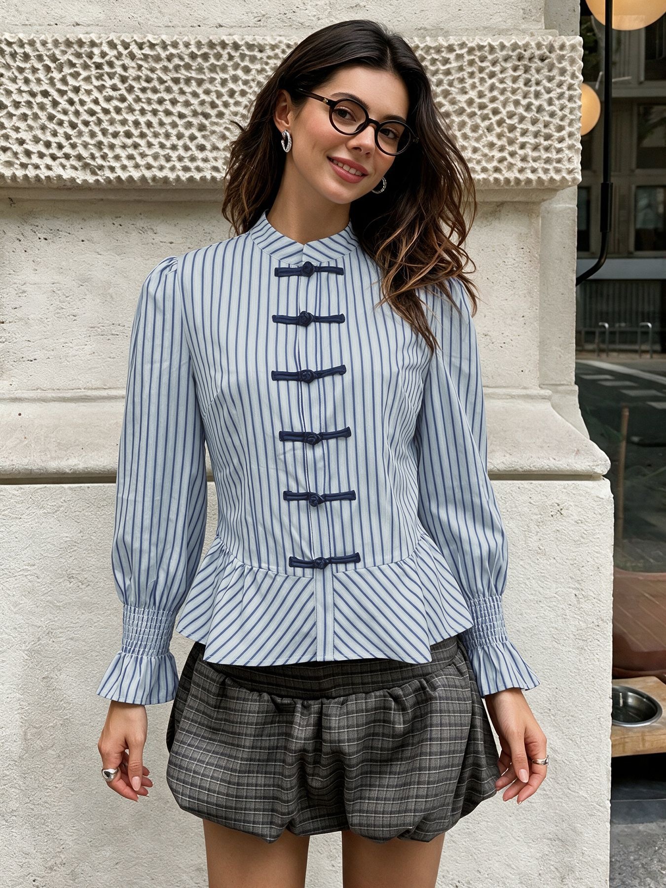 Women's Striped Chinese Frog Button Peplum Blouse