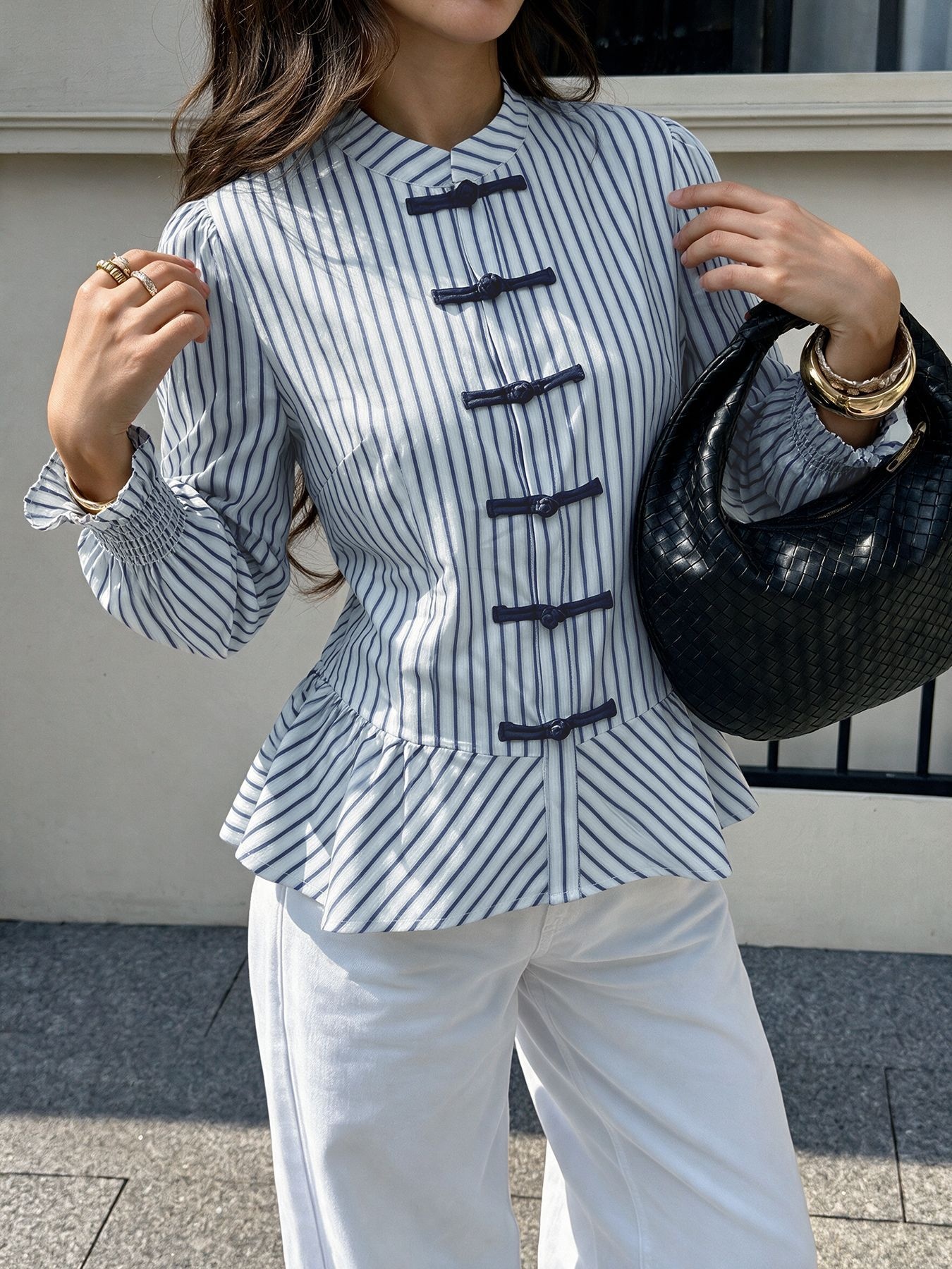 Women's Striped Chinese Frog Button Peplum Blouse