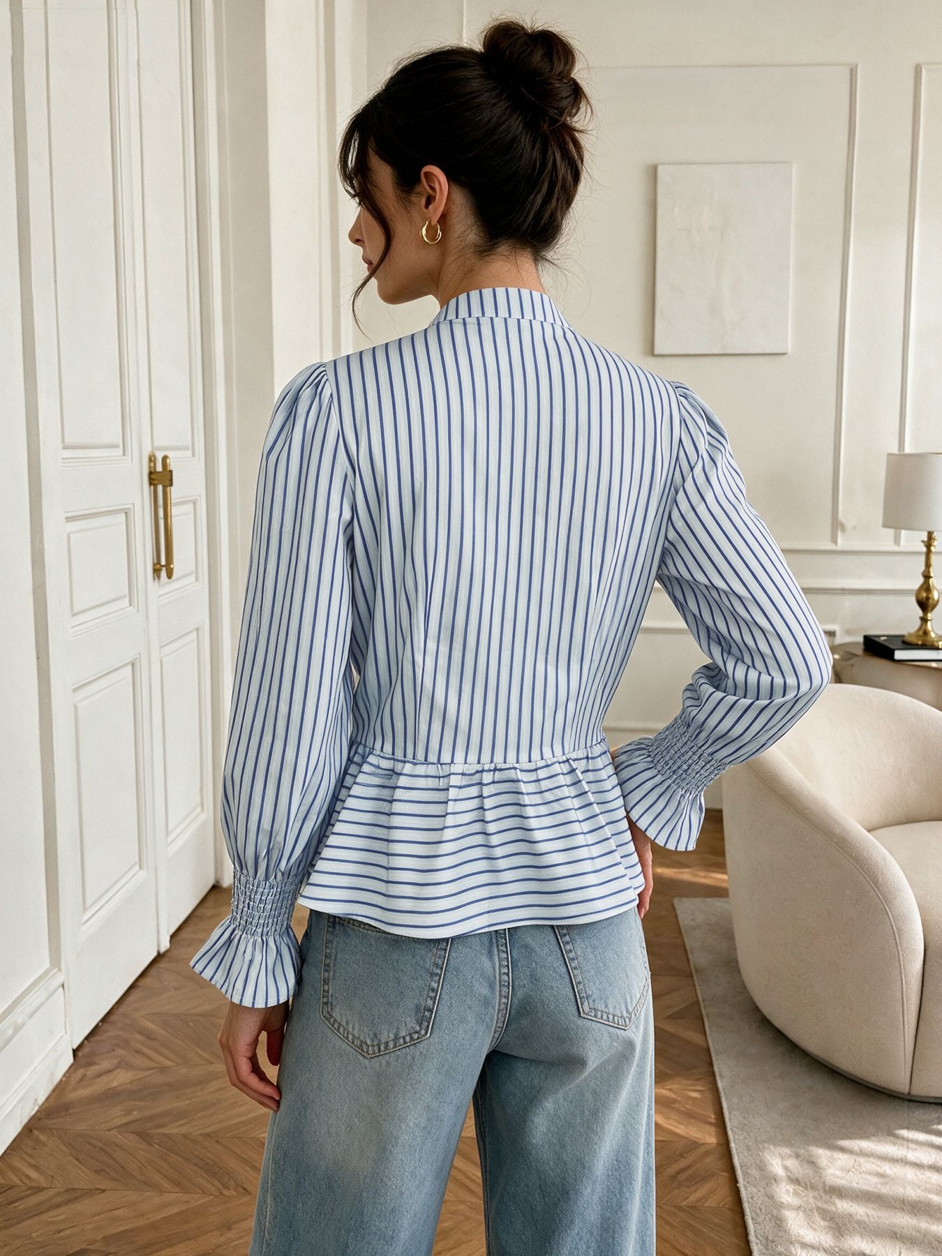 Women's Striped Chinese Frog Button Peplum Blouse