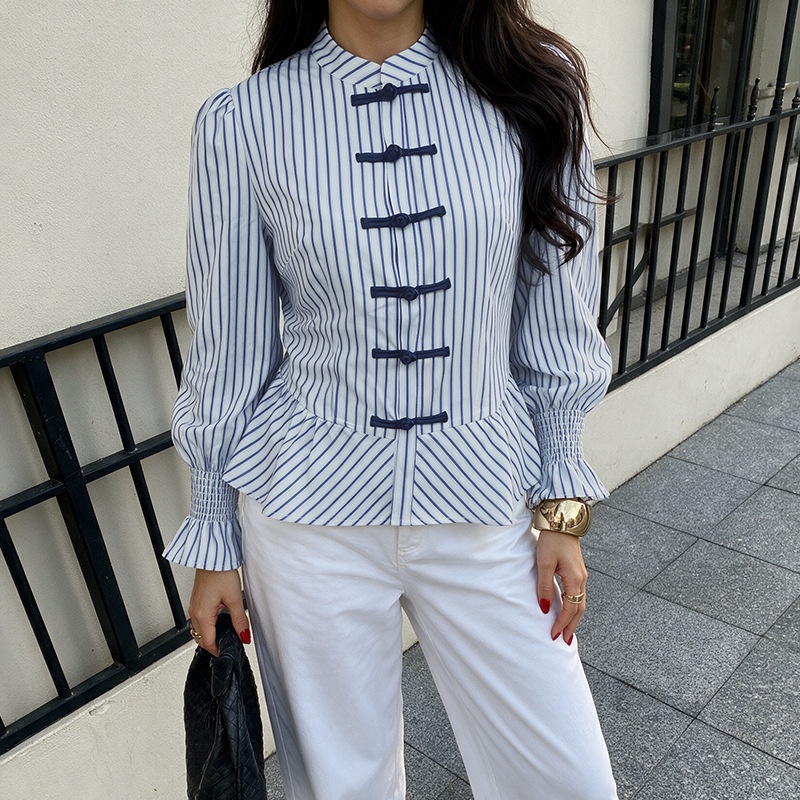 Women's Striped Chinese Frog Button Peplum Blouse