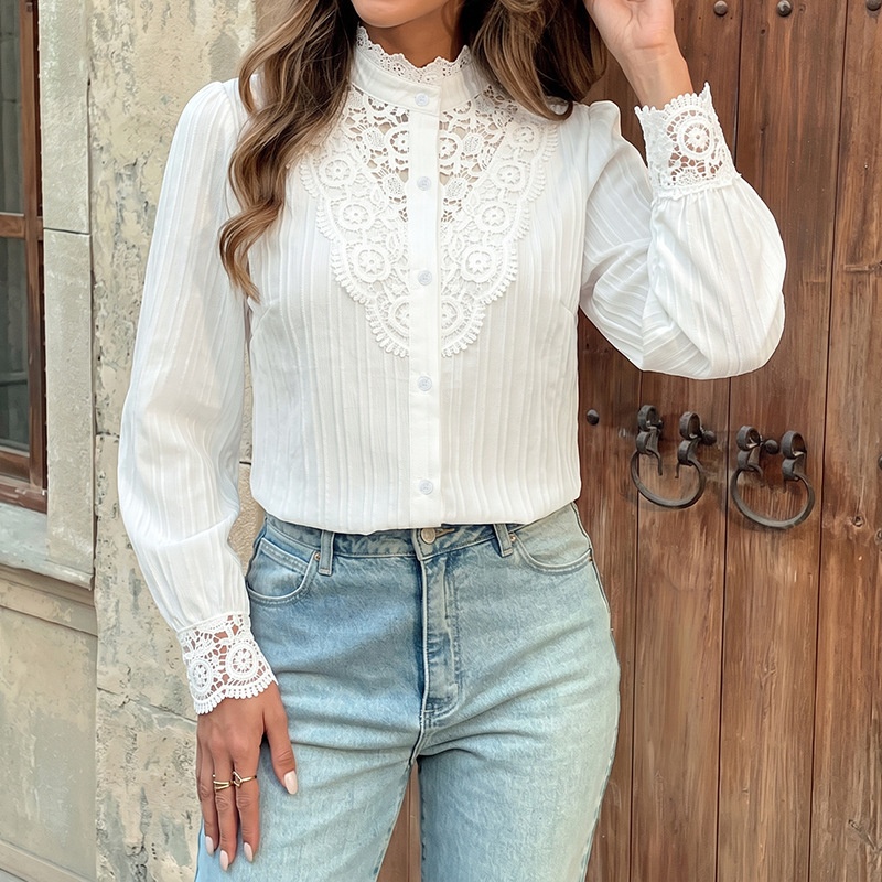 Women's White Lace Yoke Button-Up Long Sleeve Blouse