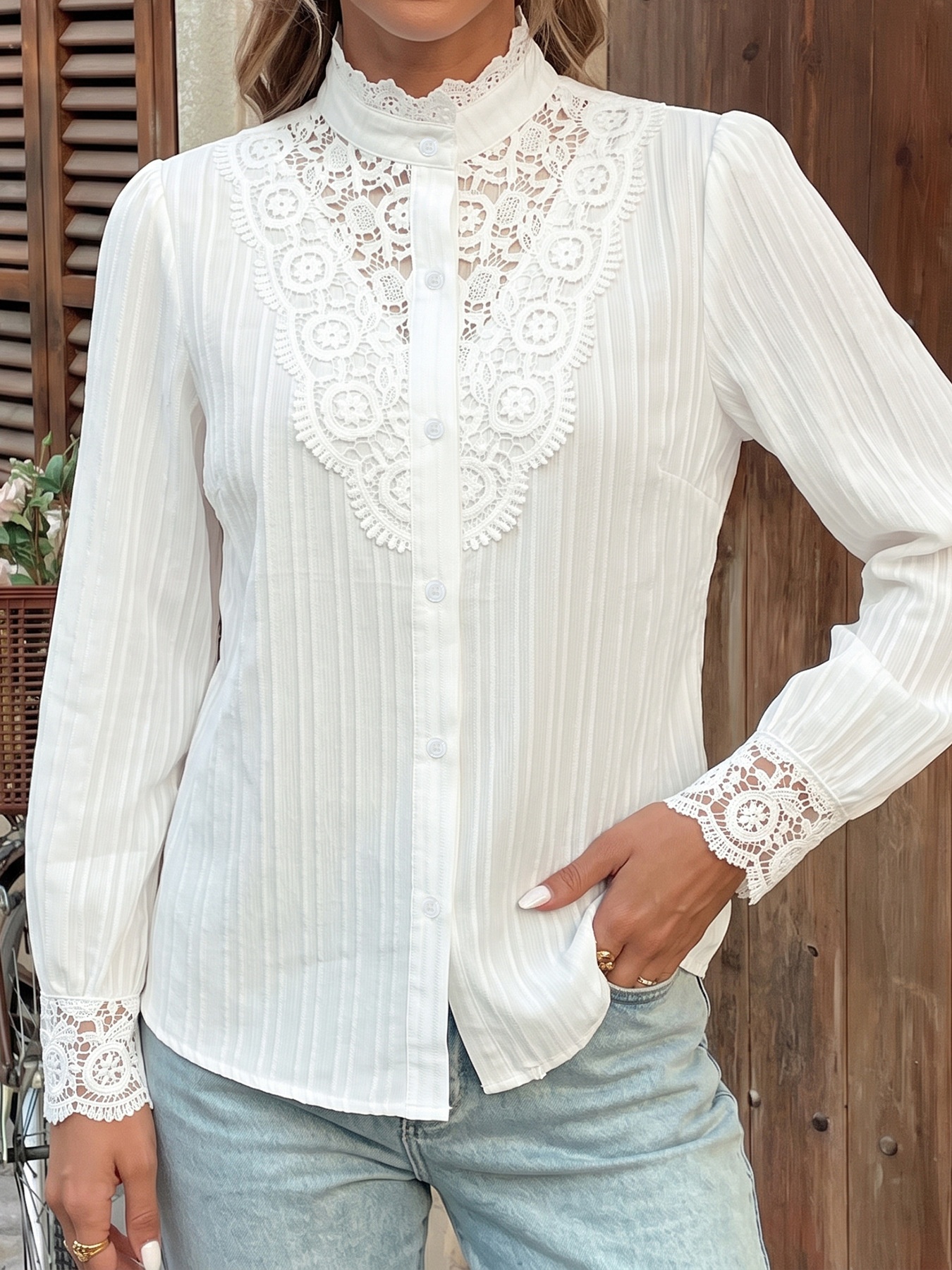Women's White Lace Yoke Button-Up Long Sleeve Blouse