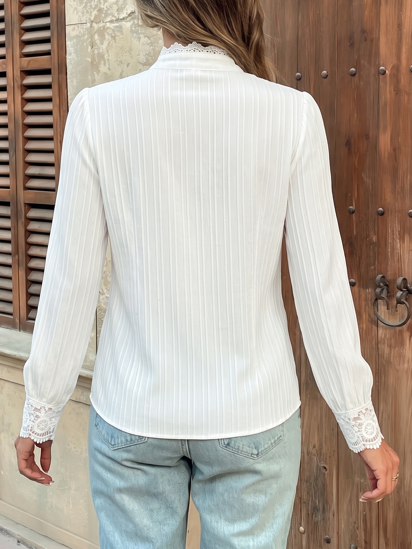 Women's White Lace Yoke Button-Up Long Sleeve Blouse