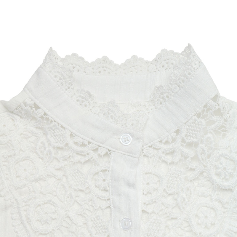 Women's White Lace Yoke Button-Up Long Sleeve Blouse