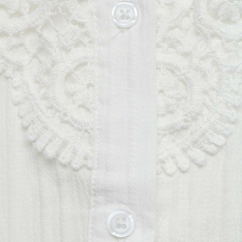 Women's White Lace Yoke Button-Up Long Sleeve Blouse