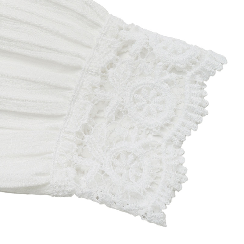 Women's White Lace Yoke Button-Up Long Sleeve Blouse