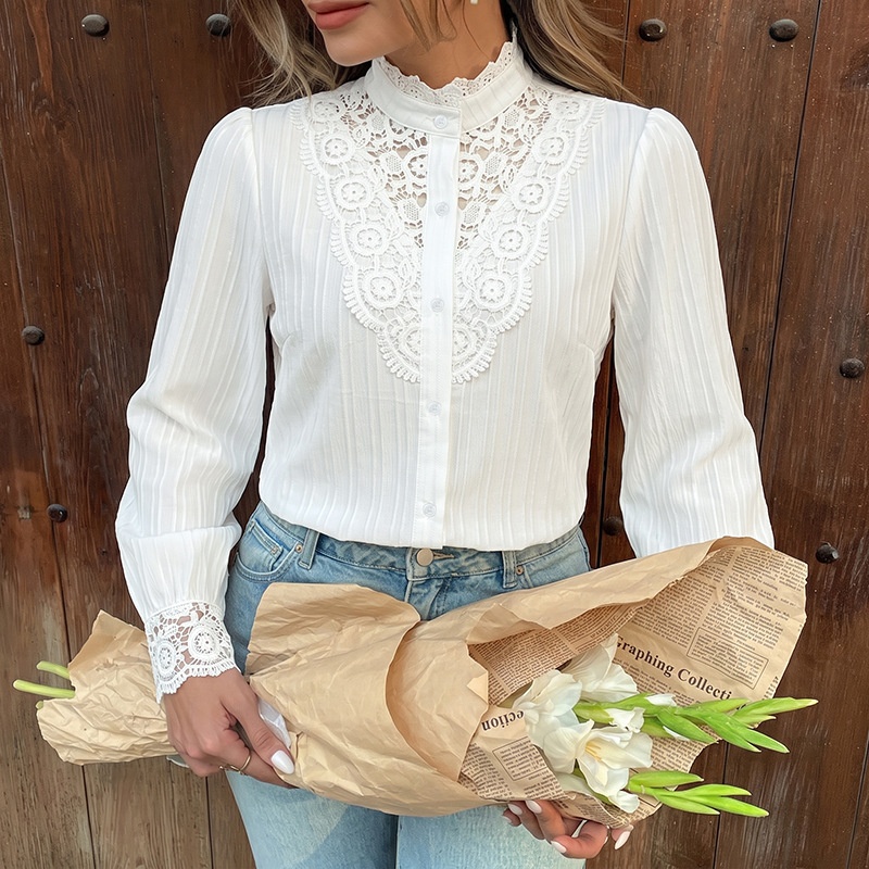 Women's White Lace Yoke Button-Up Long Sleeve Blouse