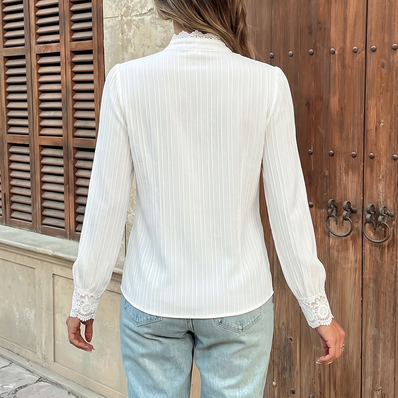 Women's White Lace Yoke Button-Up Long Sleeve Blouse