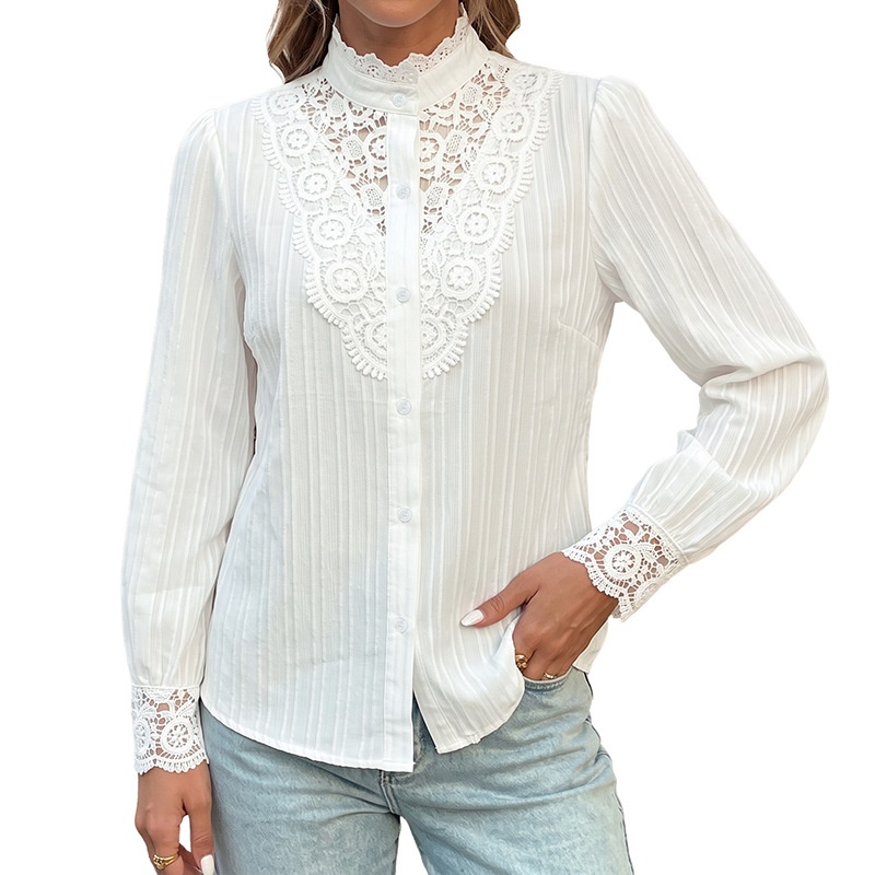Women's White Lace Yoke Button-Up Long Sleeve Blouse
