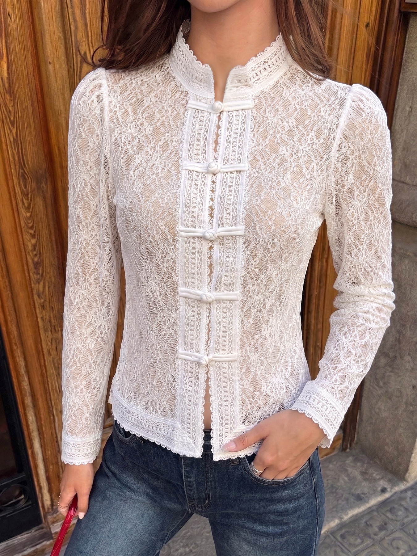 Women's White Floral Lace Long Sleeve Mandarin Collar Top