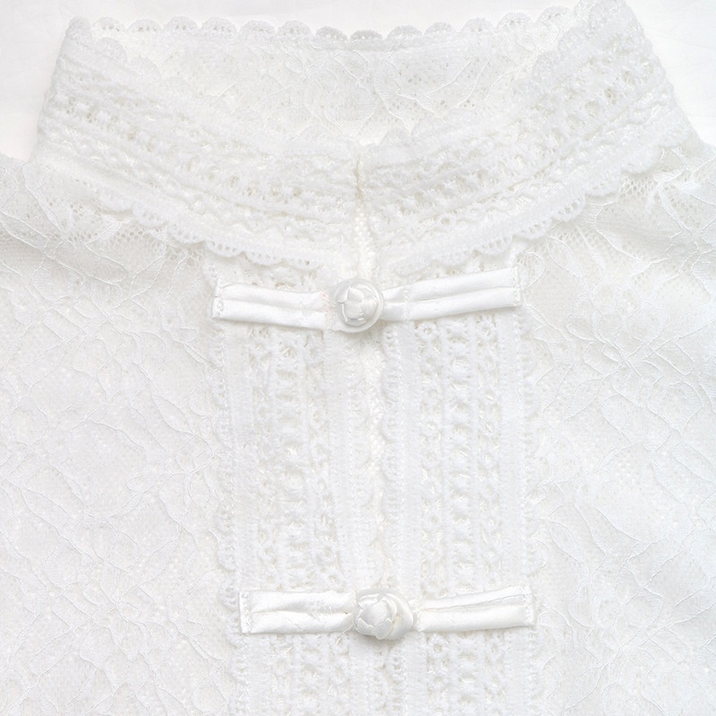 Women's White Floral Lace Long Sleeve Mandarin Collar Top