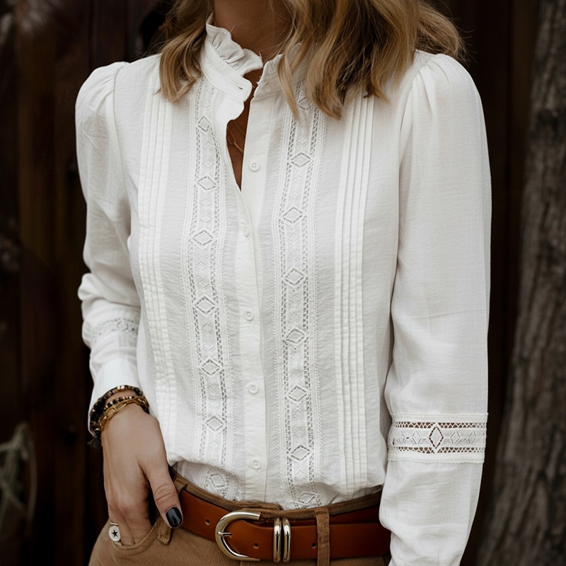 Women's Ruffle Stand Collar Lace Button Down Blouse