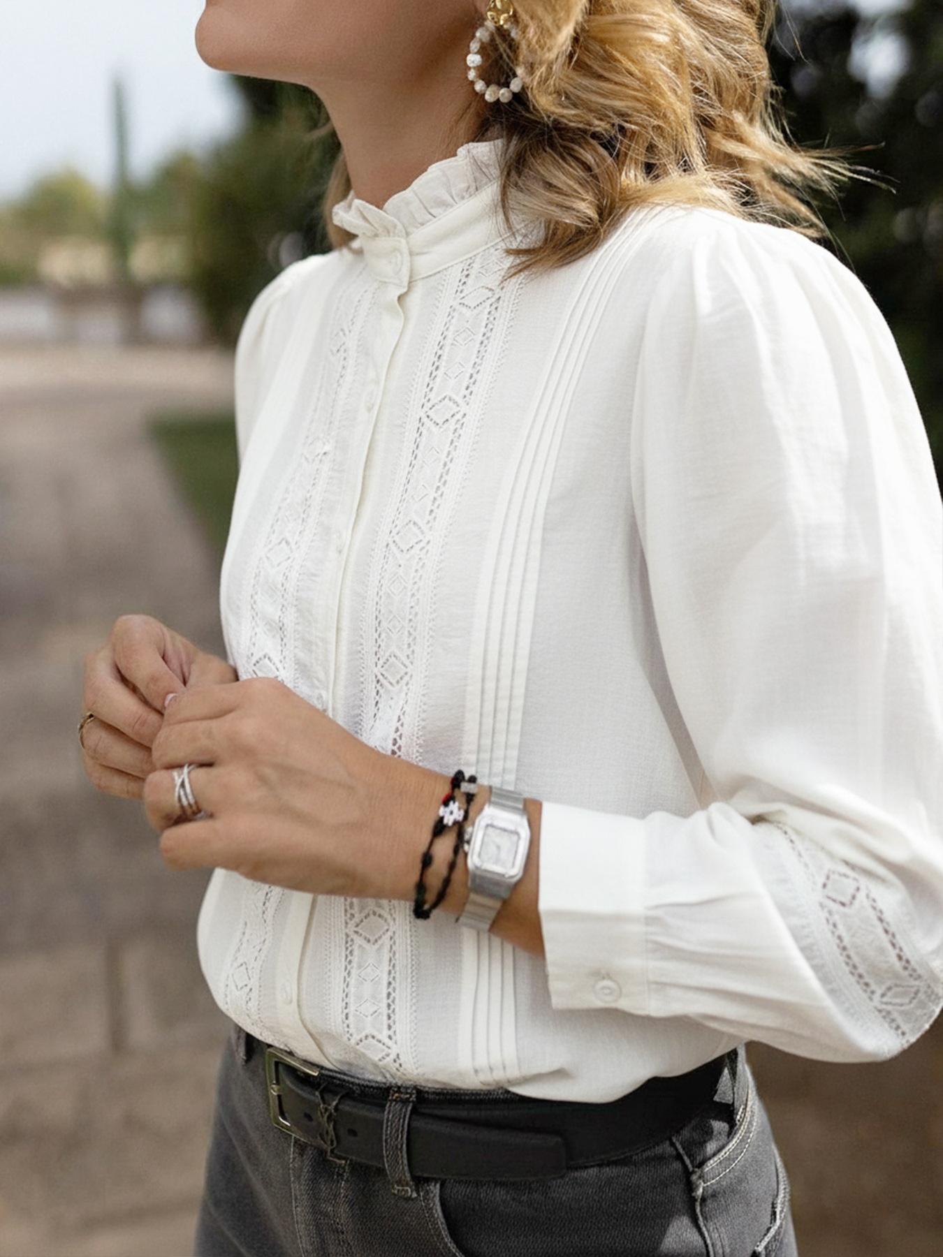 Women's Ruffle Stand Collar Lace Button Down Blouse