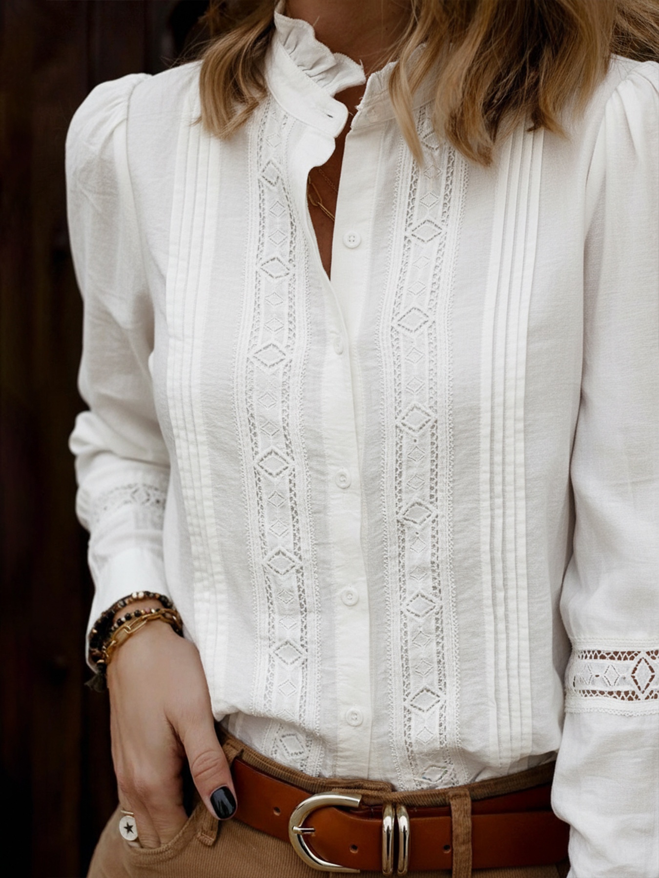 Women's Ruffle Stand Collar Lace Button Down Blouse