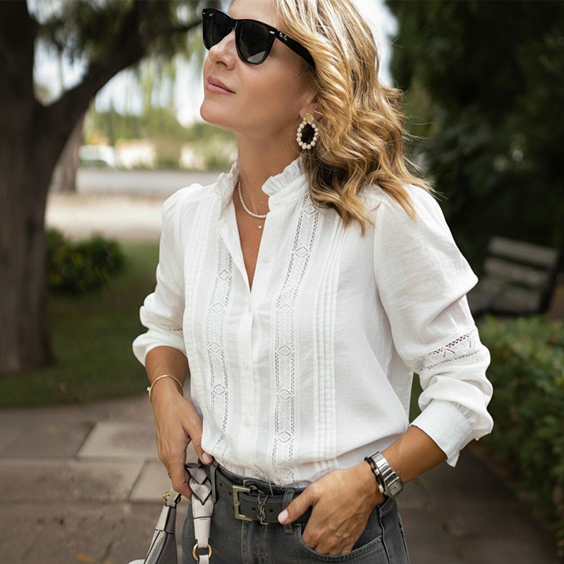 Women's Ruffle Stand Collar Lace Button Down Blouse