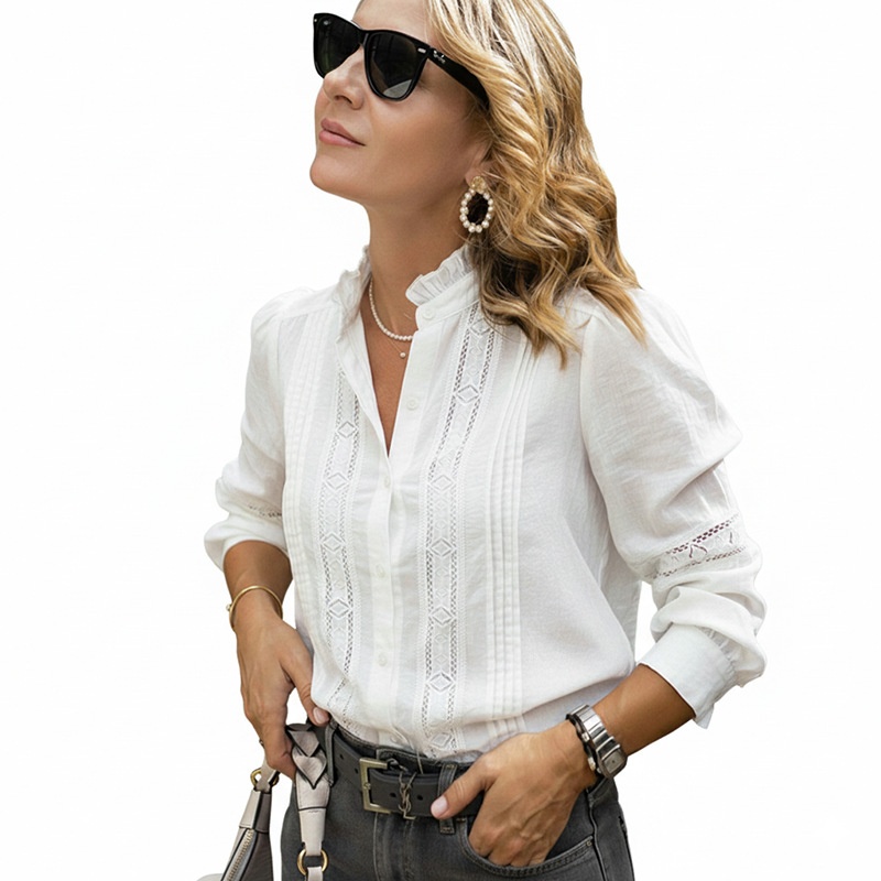 Women's Ruffle Stand Collar Lace Button Down Blouse