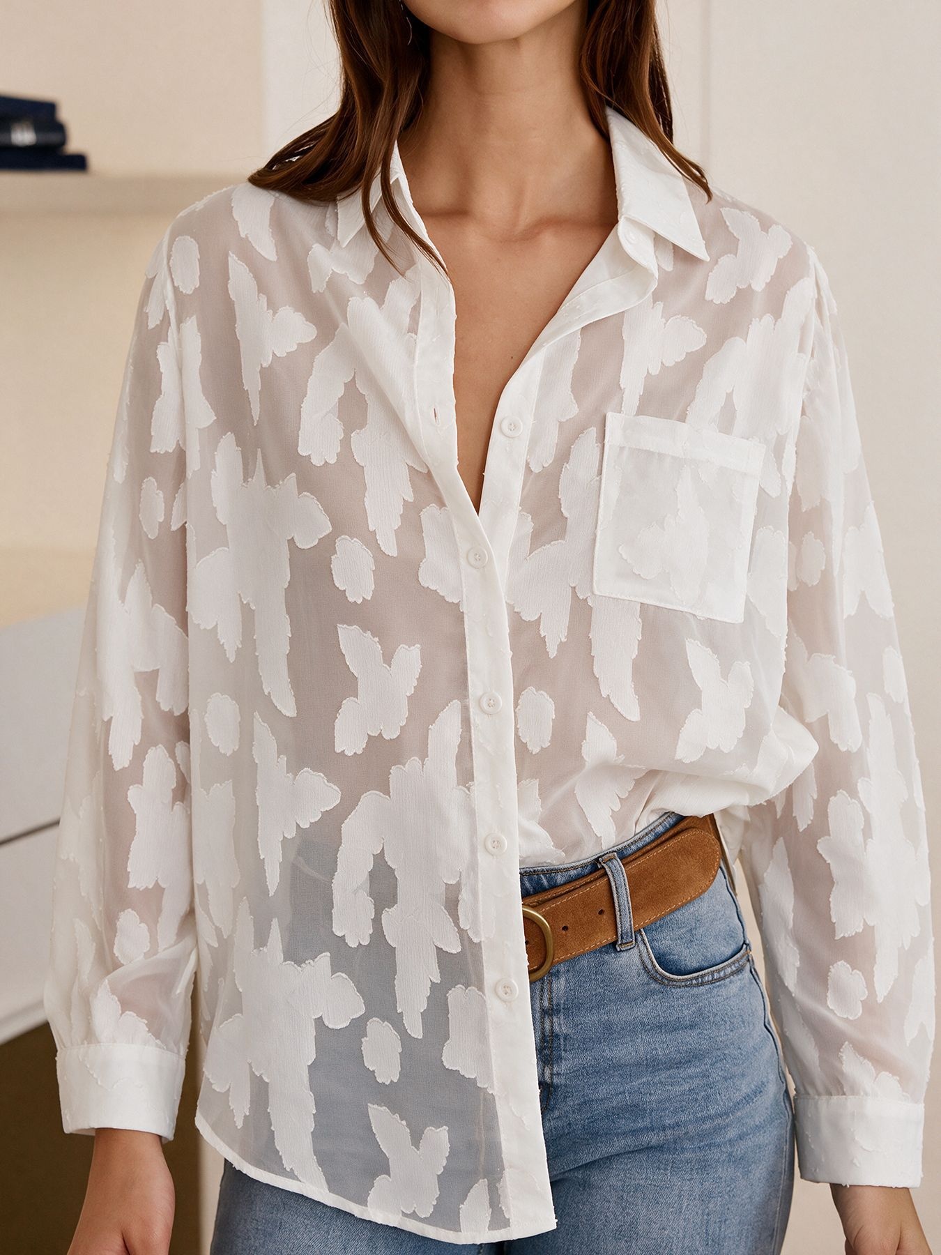 Women's Sheer Jacquard Button-Down Shirt