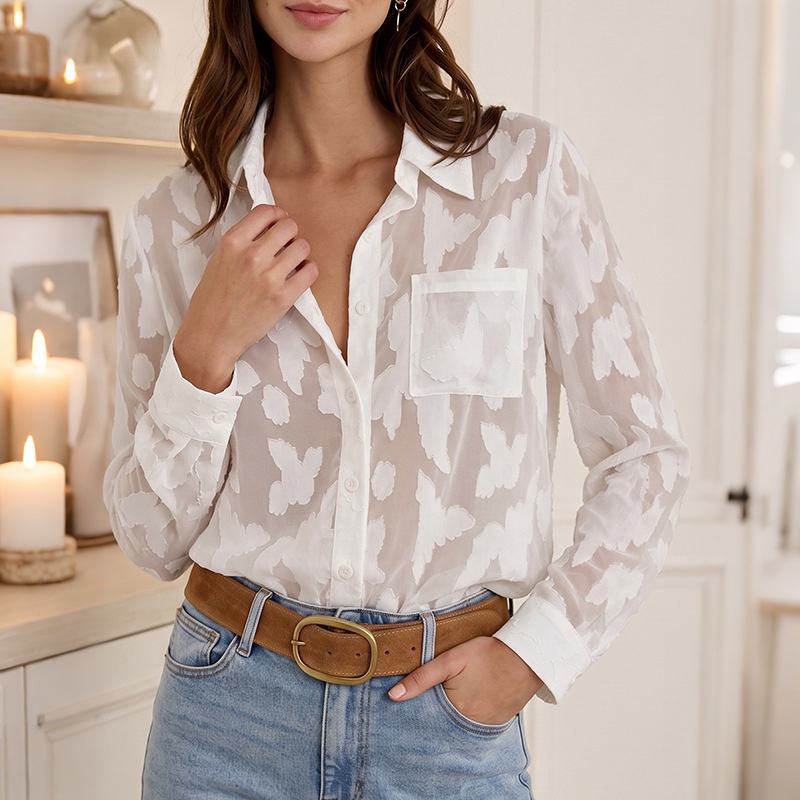 Women's Sheer Jacquard Button-Down Shirt