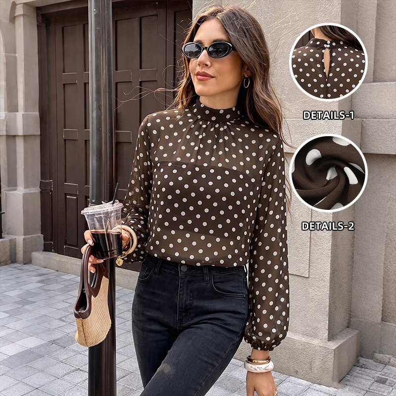Women's Brown Polka Dot High Neck Long Sleeve Blouse
