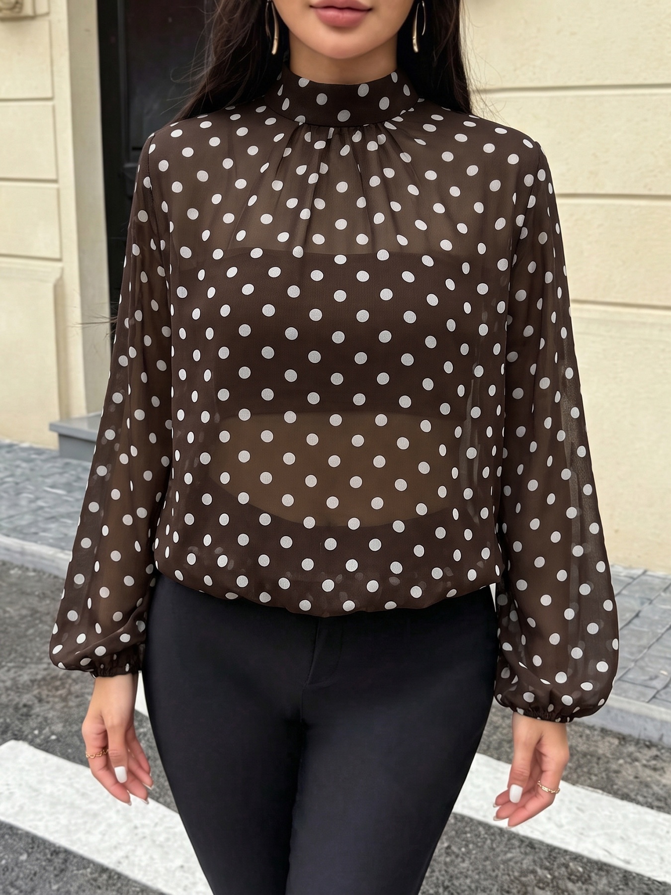 Women's Brown Polka Dot High Neck Long Sleeve Blouse