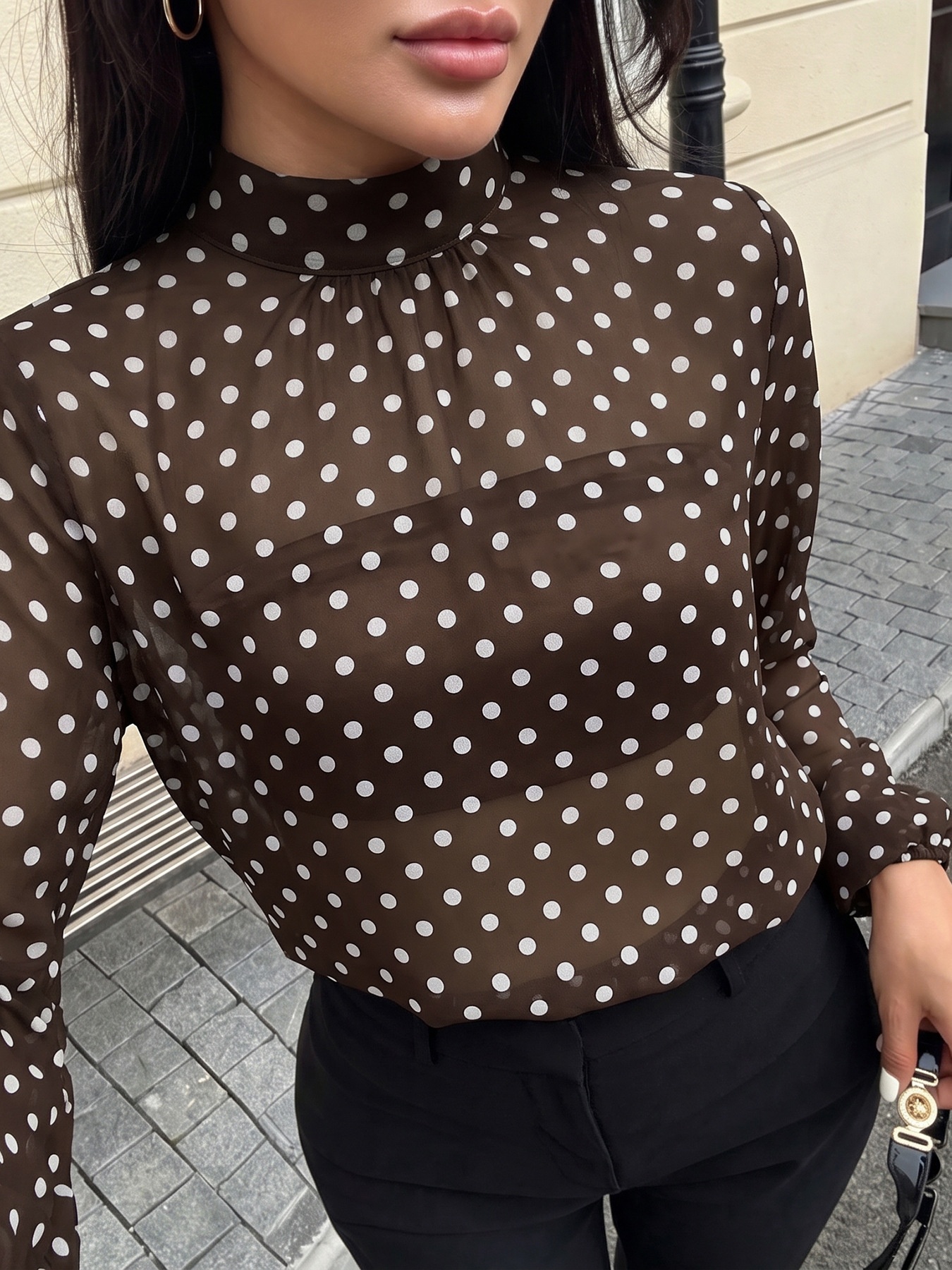 Women's Brown Polka Dot High Neck Long Sleeve Blouse