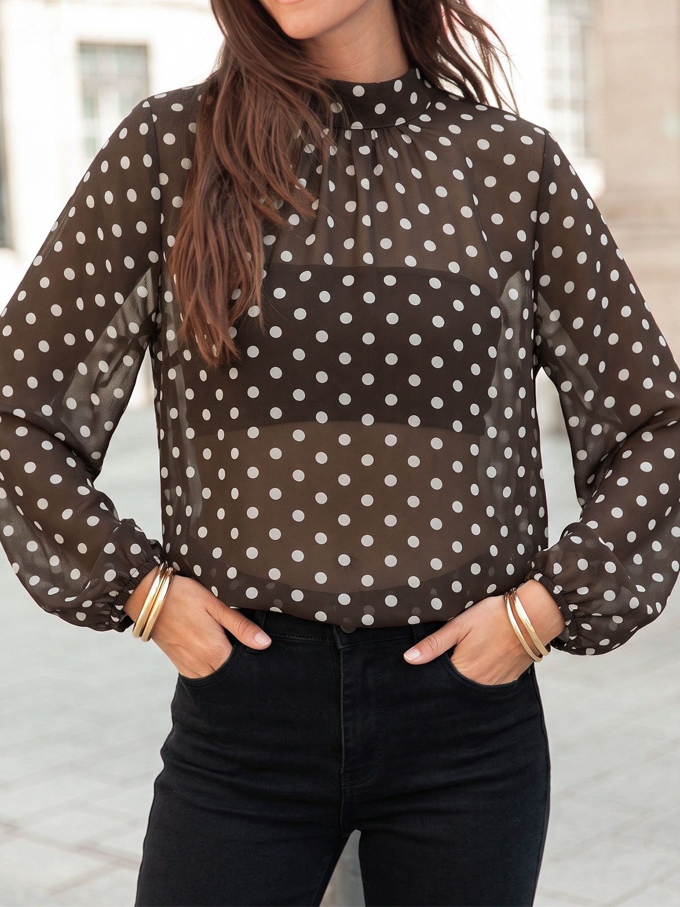 Women's Brown Polka Dot High Neck Long Sleeve Blouse