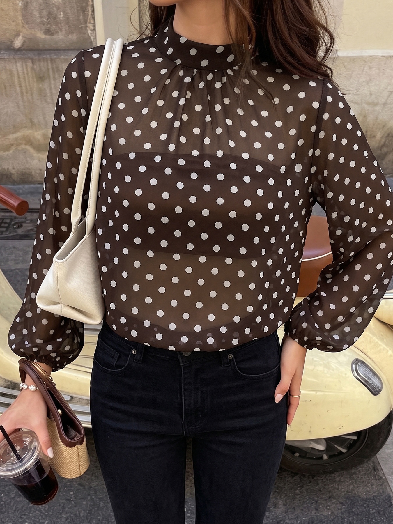Women's Brown Polka Dot High Neck Long Sleeve Blouse