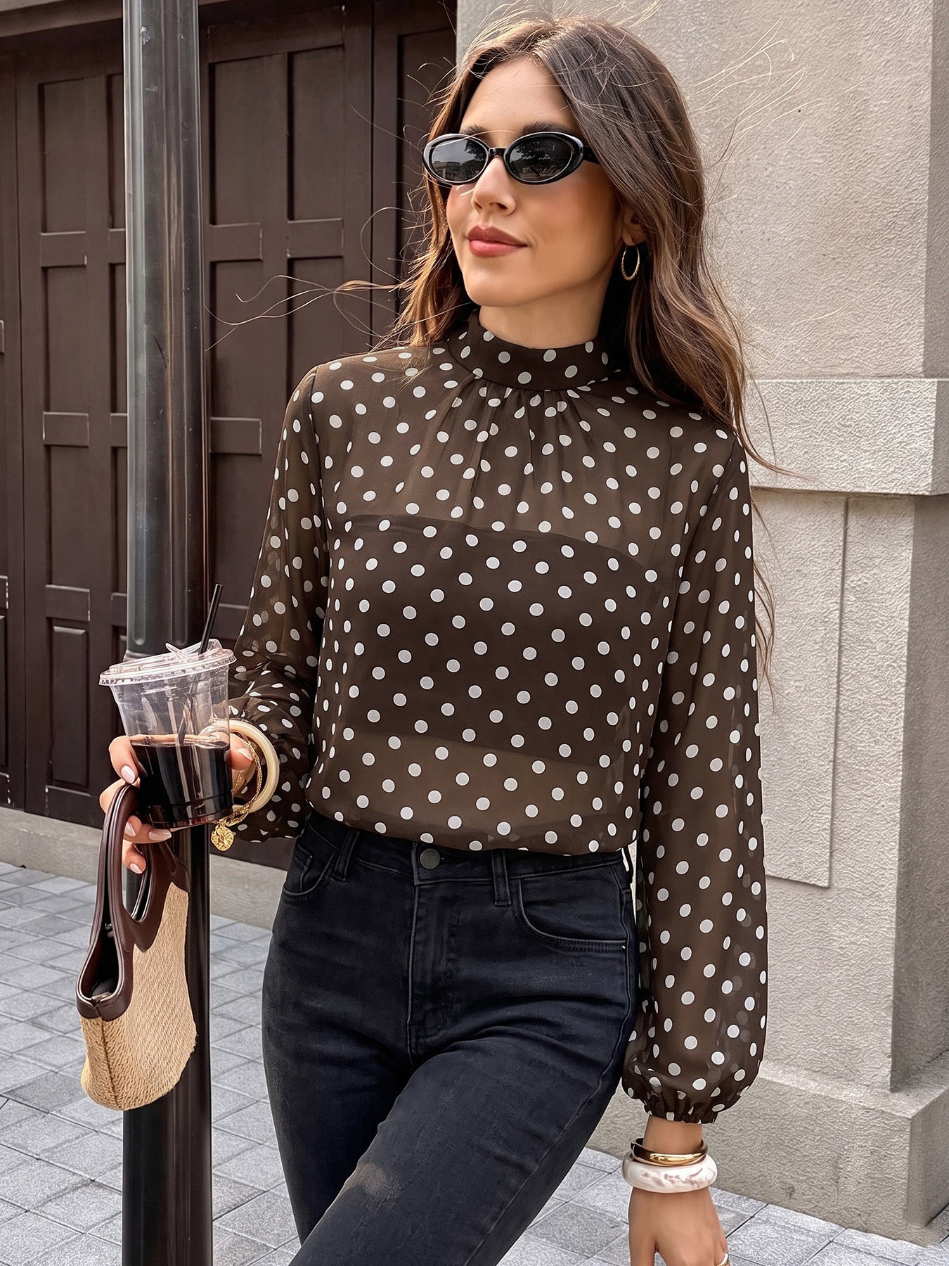 Women's Brown Polka Dot High Neck Long Sleeve Blouse