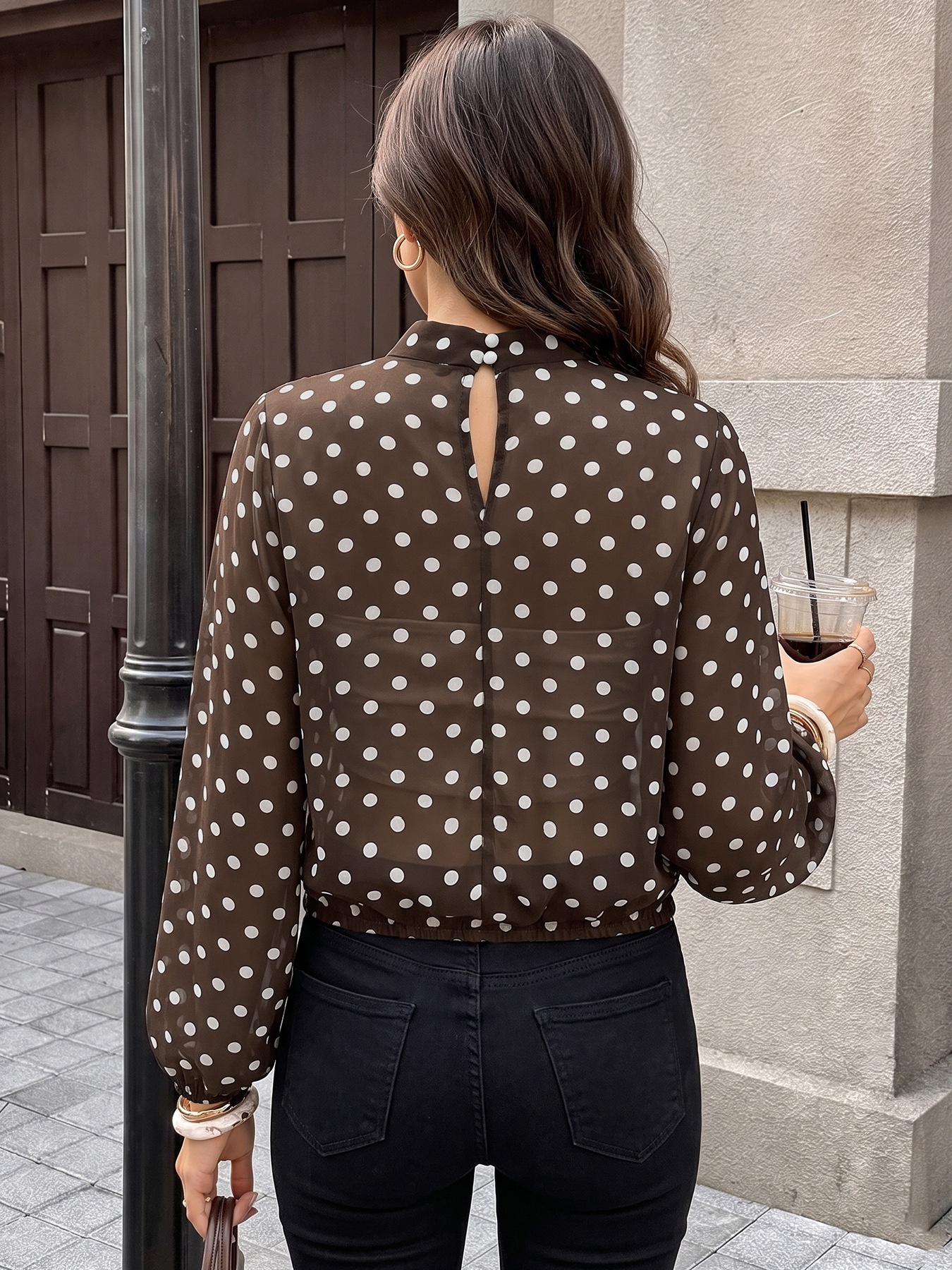 Women's Brown Polka Dot High Neck Long Sleeve Blouse