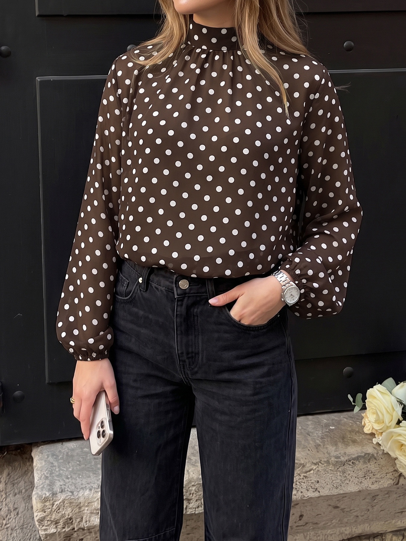 Women's Brown Polka Dot High Neck Long Sleeve Blouse