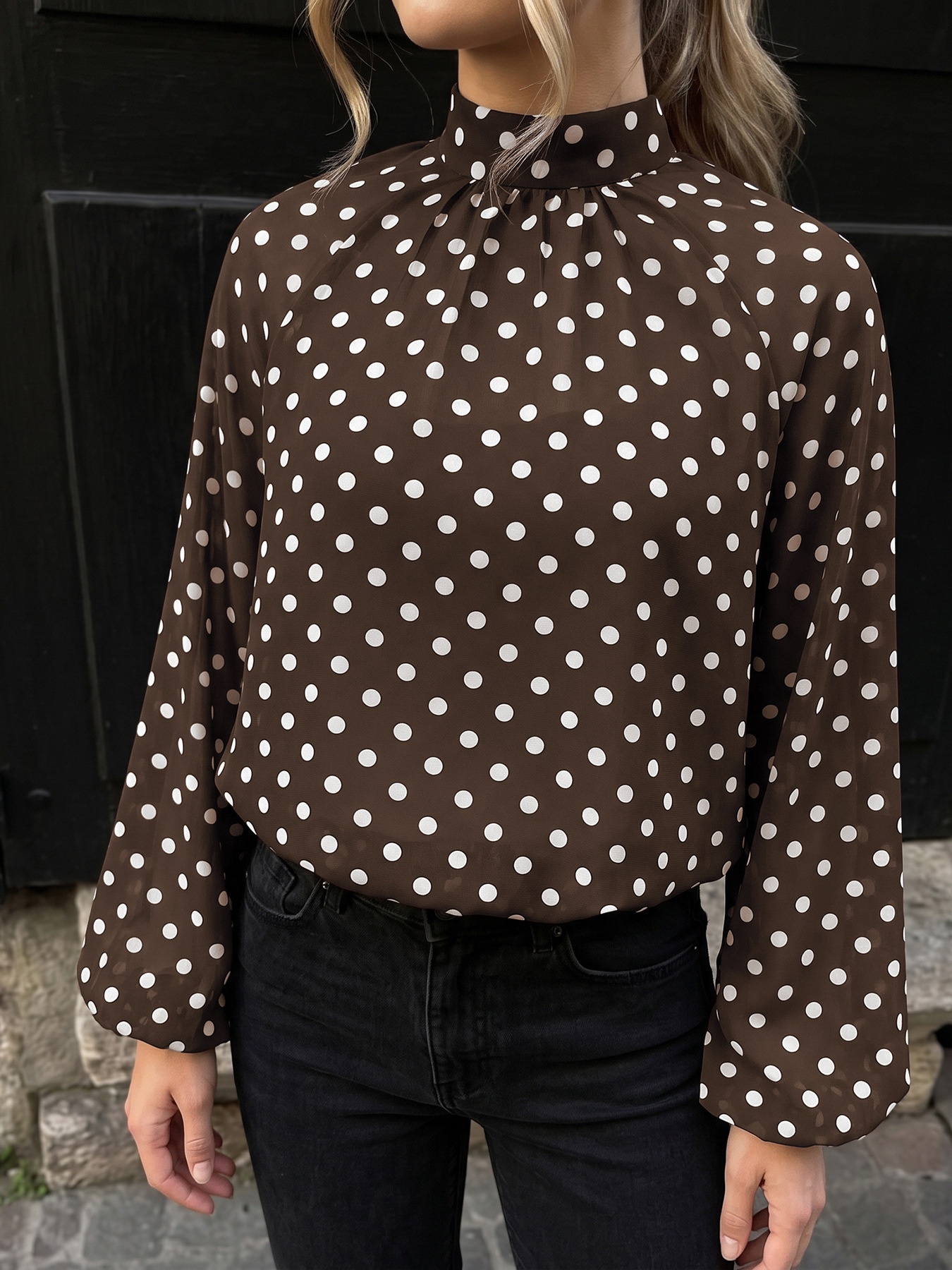 Women's Brown Polka Dot High Neck Long Sleeve Blouse