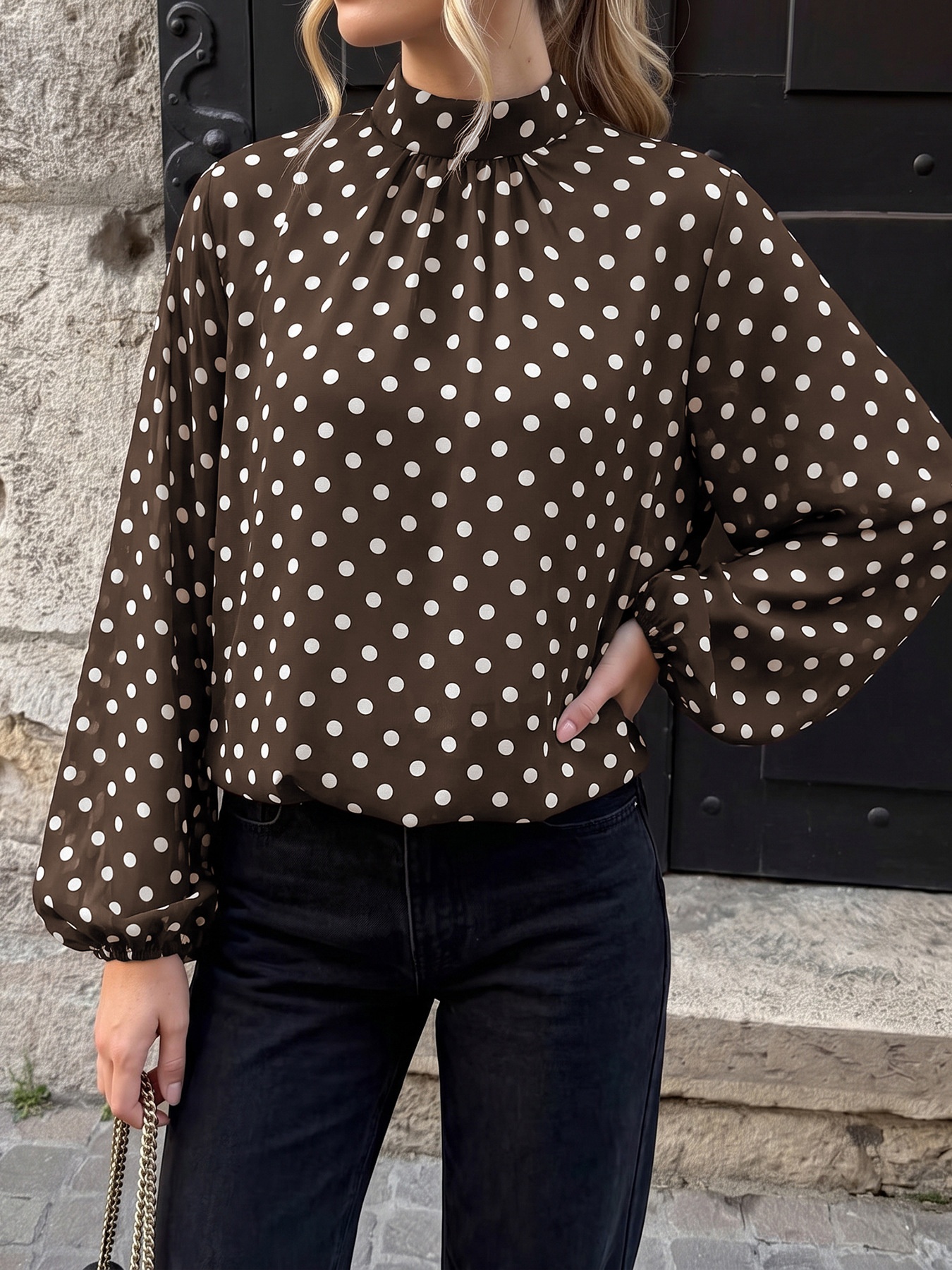 Women's Brown Polka Dot High Neck Long Sleeve Blouse