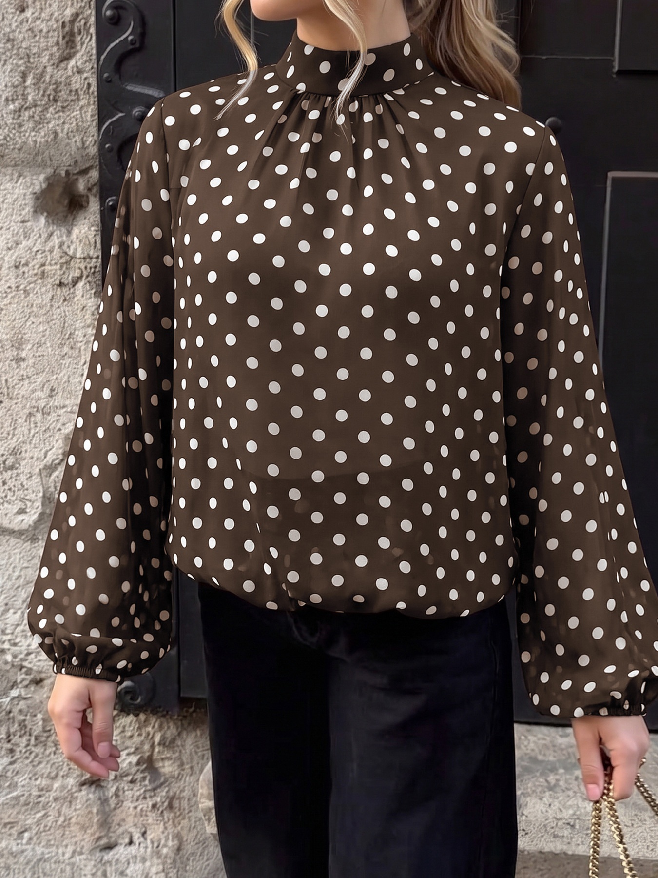Women's Brown Polka Dot High Neck Long Sleeve Blouse