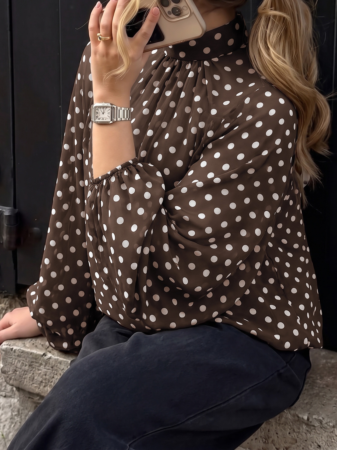 Women's Brown Polka Dot High Neck Long Sleeve Blouse