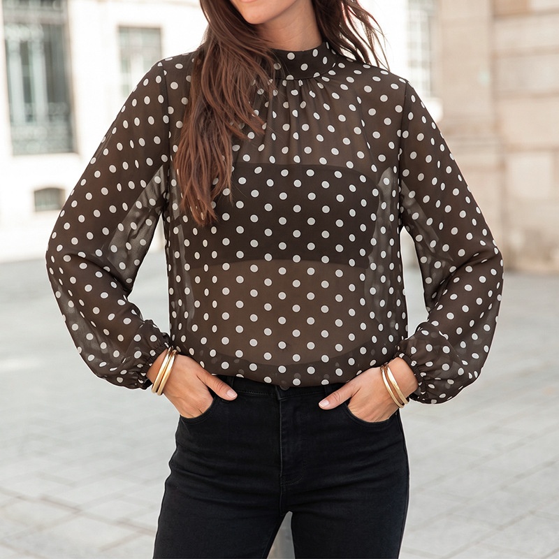 Women's Brown Polka Dot High Neck Long Sleeve Blouse